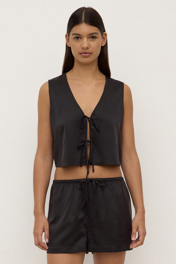 Beal Silk Tie Front Top Black-1