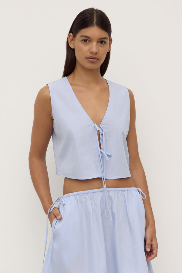 Havana Stripe Poplin Tie Front Top Blue White Stripe-2