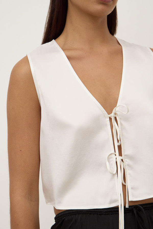 Beal Silk Tie Front Top Antique White-6