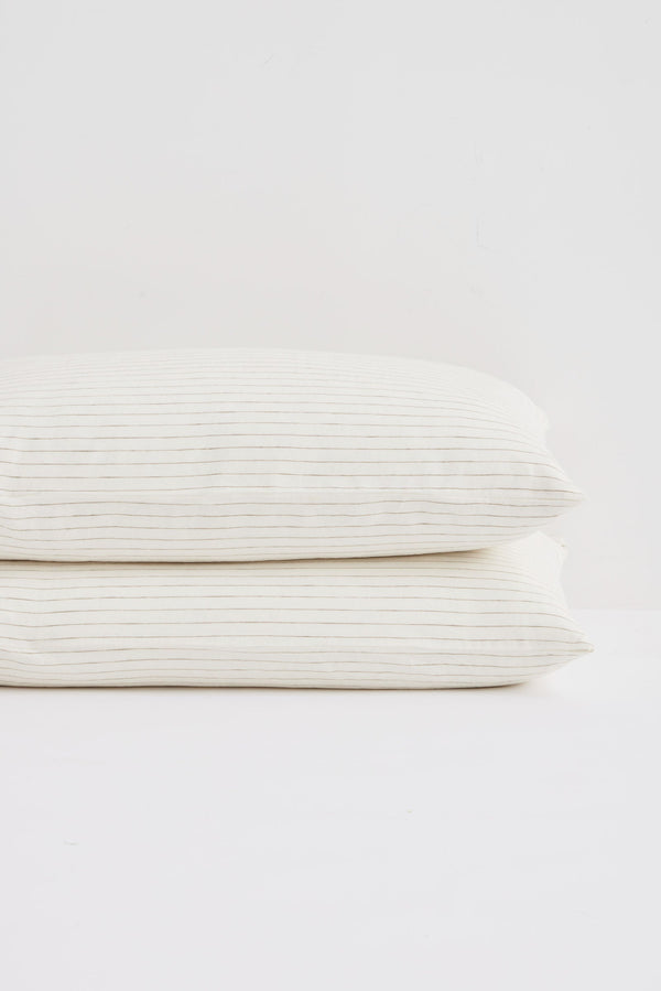 Linen Standard Pillow Cases Olive Pinstripe