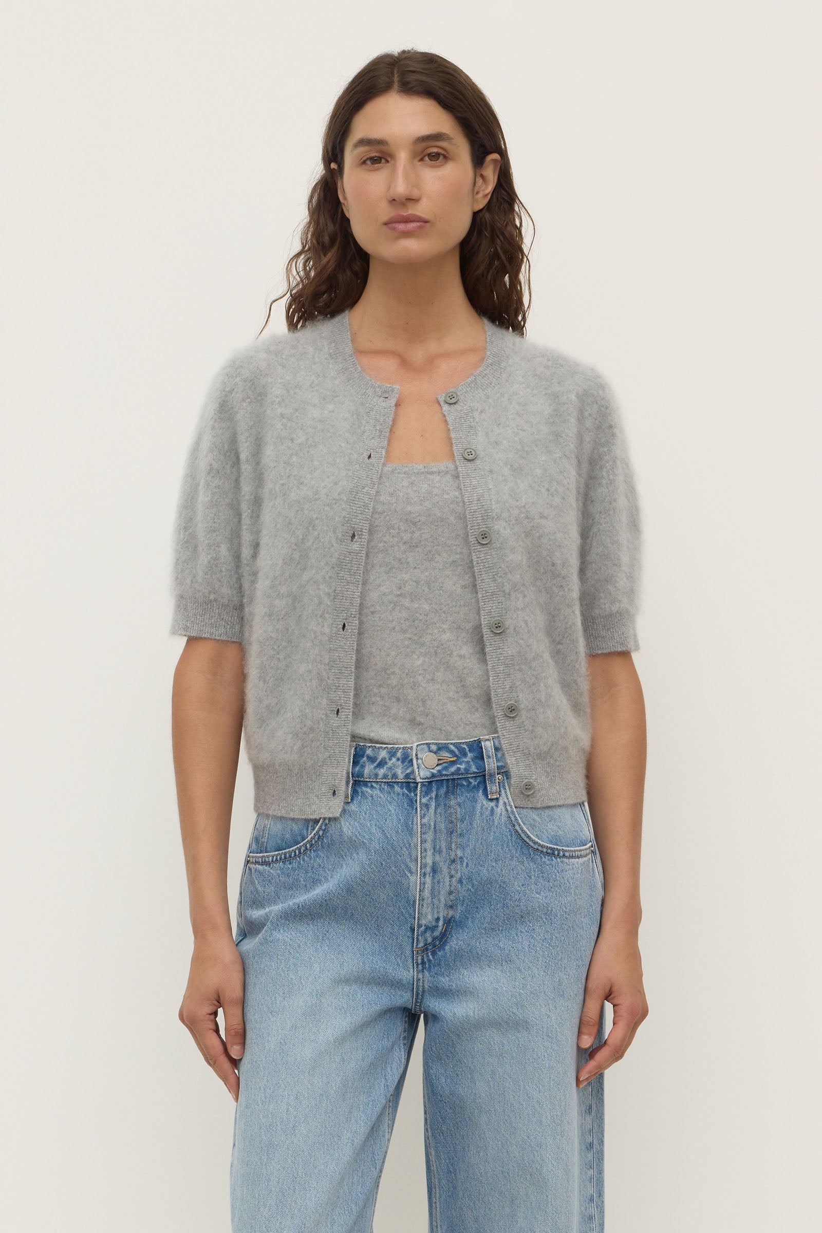 Womens Carina Wool Short Sleeve Cardigan Grey Marle | Assembly